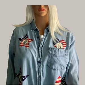 Patriotic Denim Shirt with Star and Heart Patches